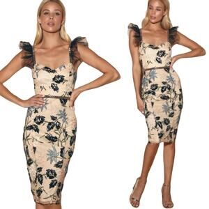 Lulus Show Stopper Midi Dress Floral Embroidered Beaded Bodycon Pencil Cream XS